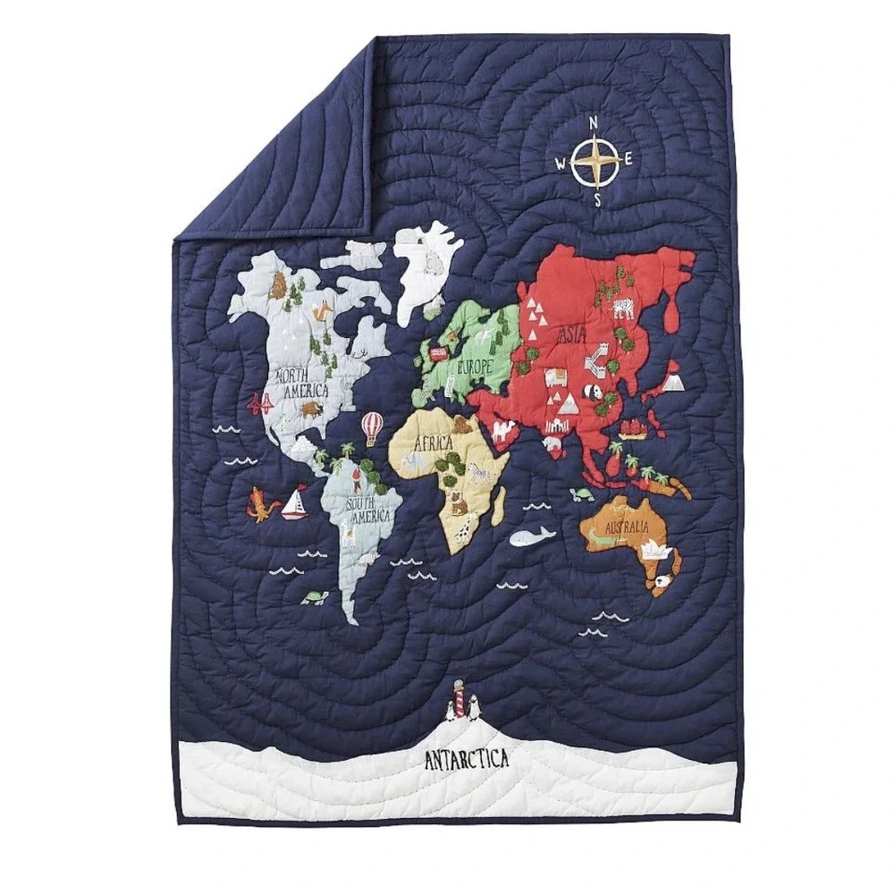 Pottery Barn Kids World Map Quilt Twin Navy Blue Continents Shams RARE